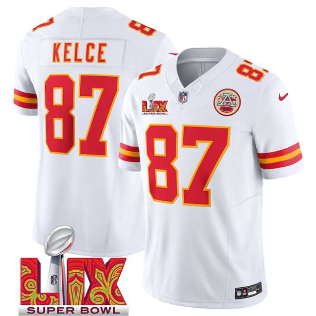 Men & Women & Youth Kansas City Chiefs #87 Travis Kelce White 2025 Super Bowl LIX Patch F.U.S.E. Vapor Limited Stitched Jersey